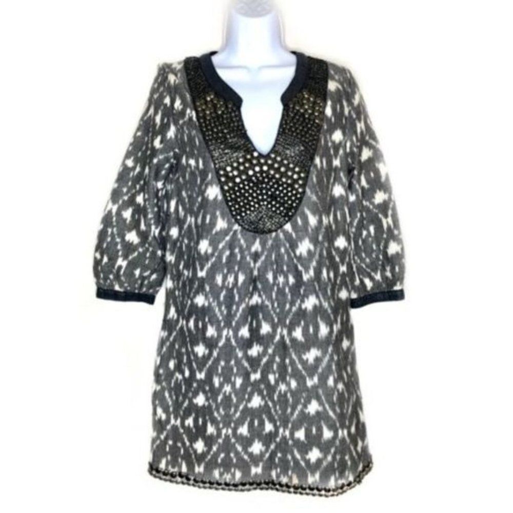 DIABLESS Studded Ikat Print Tunic Top S 3/4 Sleeve Embellished Black Boho